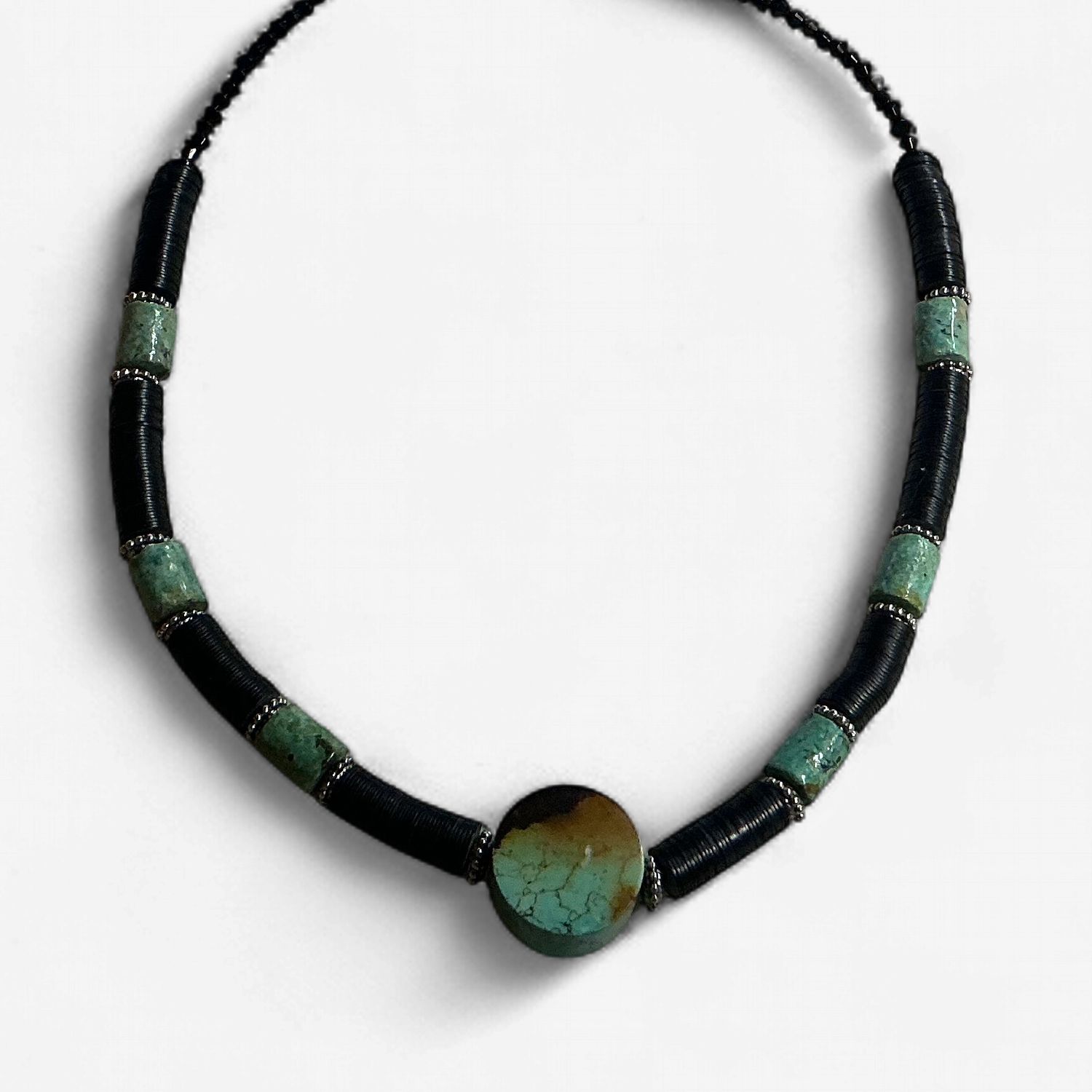 Coconut Wood Beads with Large Turquoise Circle Pendant Necklace