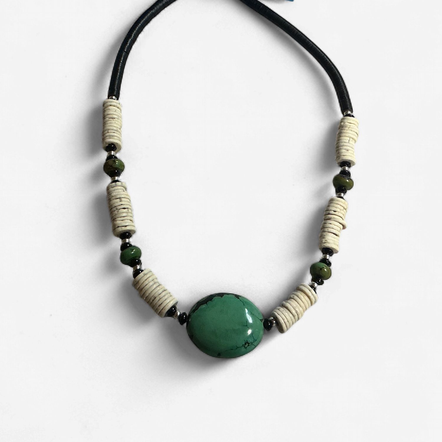Ostrich Shell Heishi Beads with Turquoise Pendant Necklace