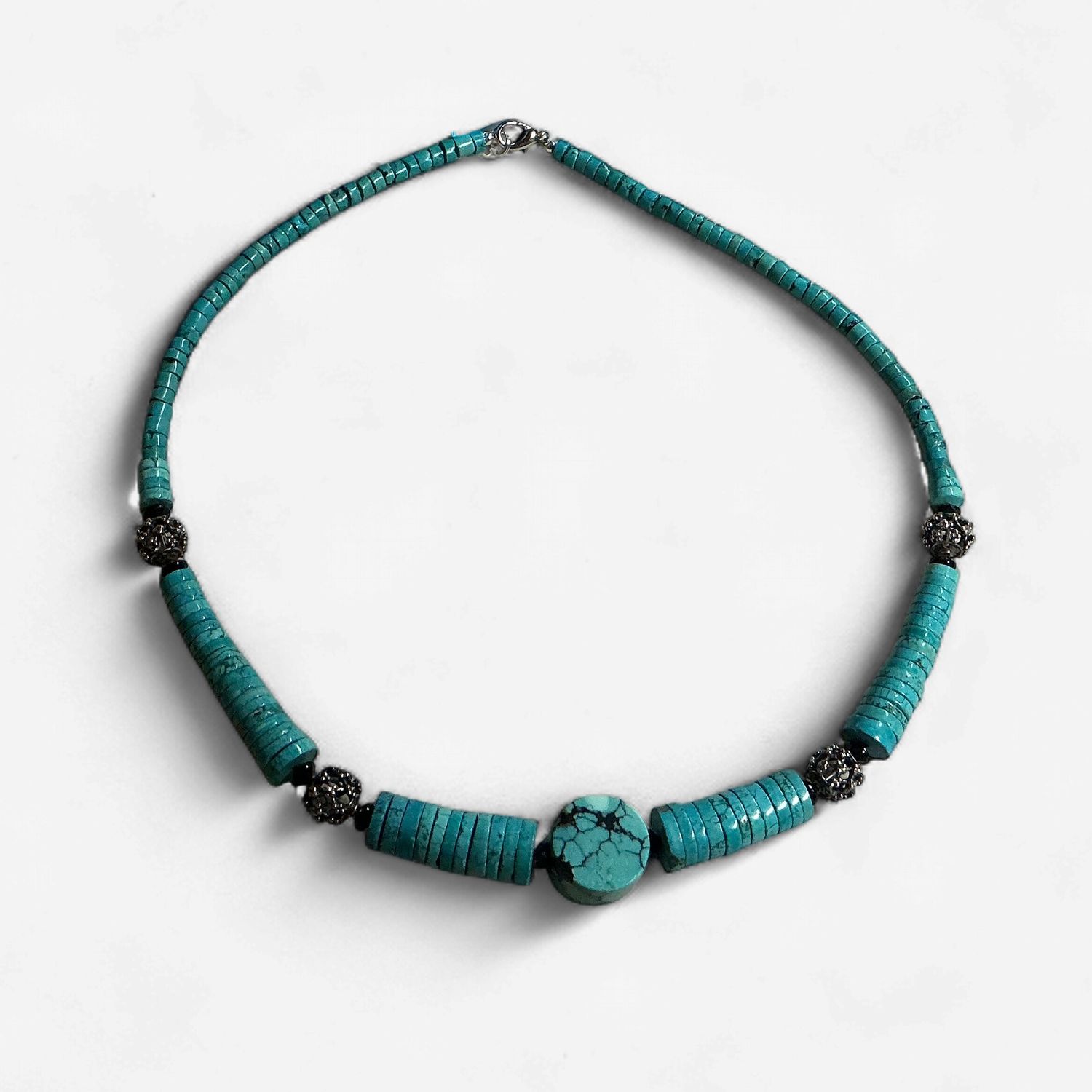 Natural Turquoise Heishi Necklace with Sterling Silver Beads