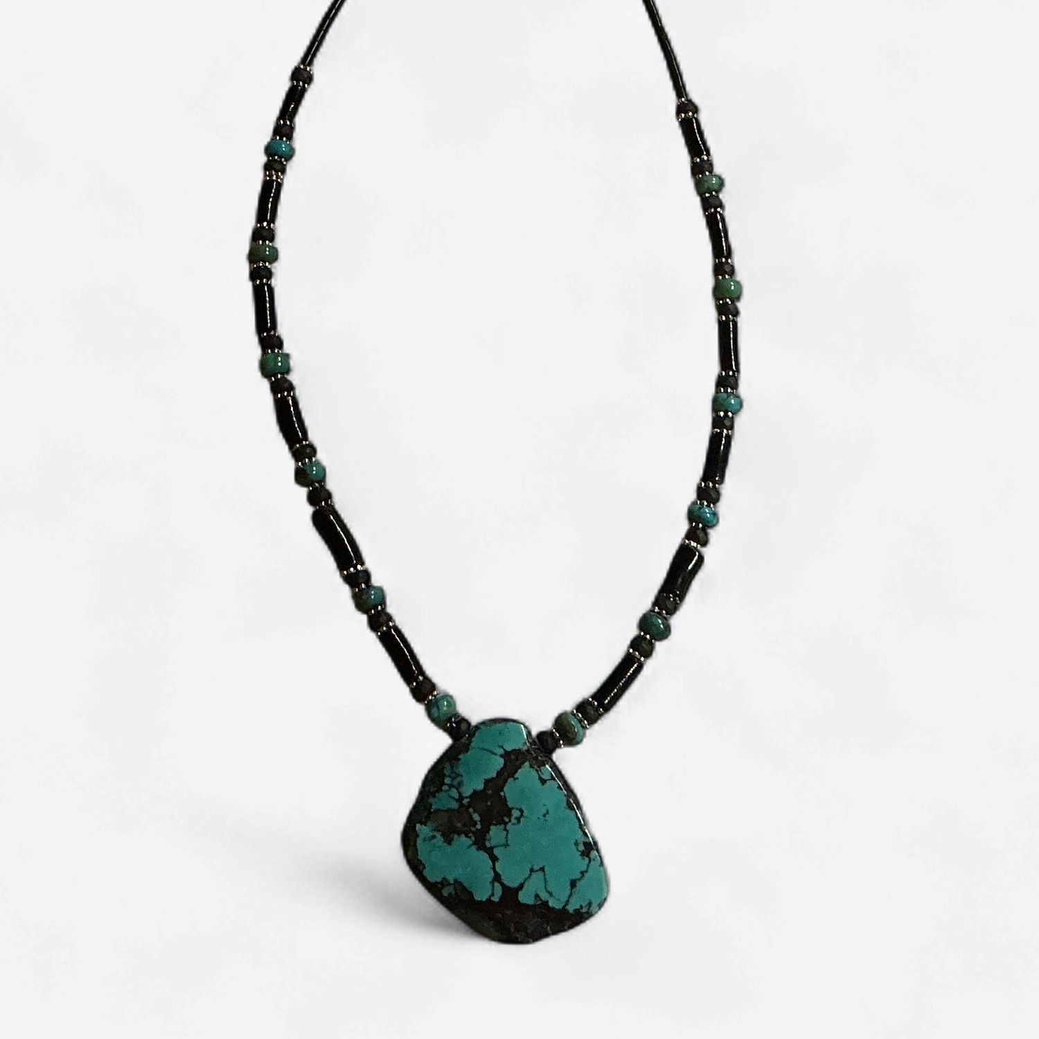 Large Turquoise Pendant Necklace with Black Coral Beads