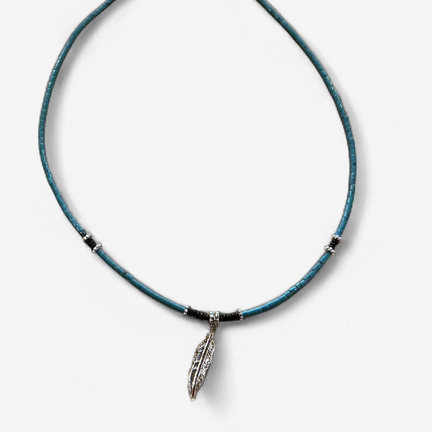 Thin Turquoise Necklace with Feather Pendant
