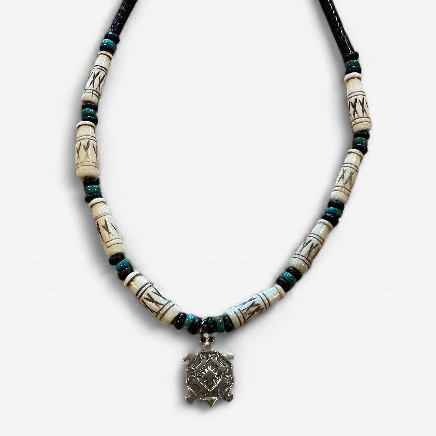 Bone Bead Necklace Sterling Silver Pendant, Design: Turtle