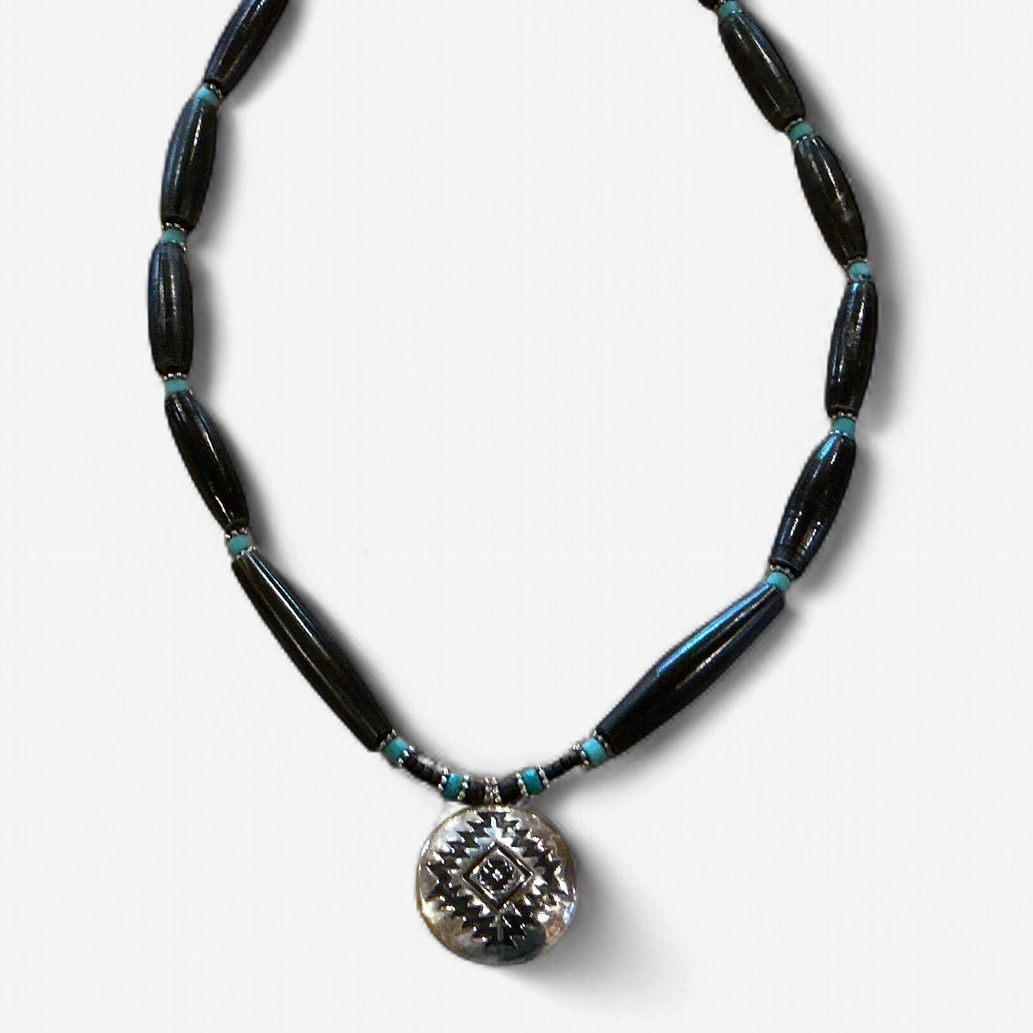 Black Horn Bead with Silver Pendant Necklace, Design: 1