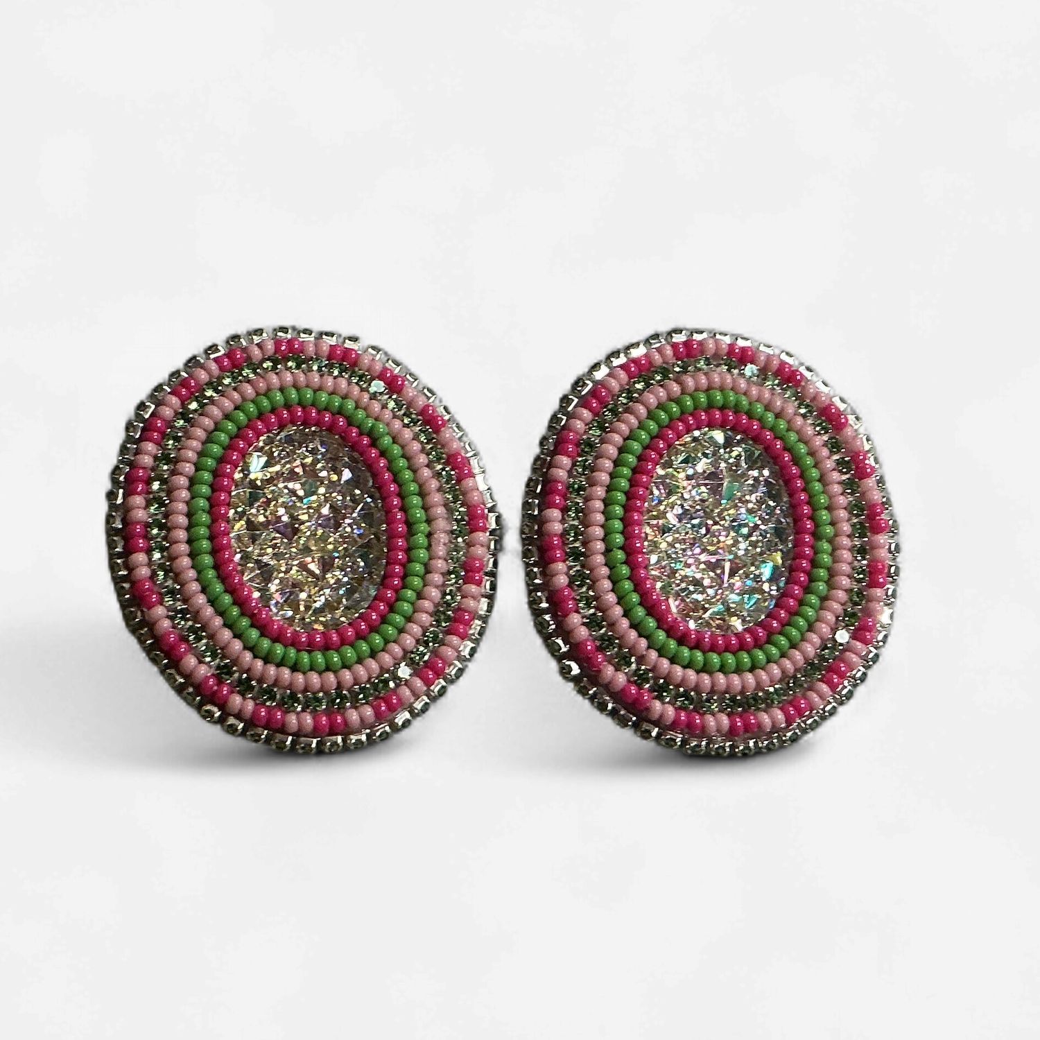Beaded Statement Earrings, Design: Pink &amp; Green