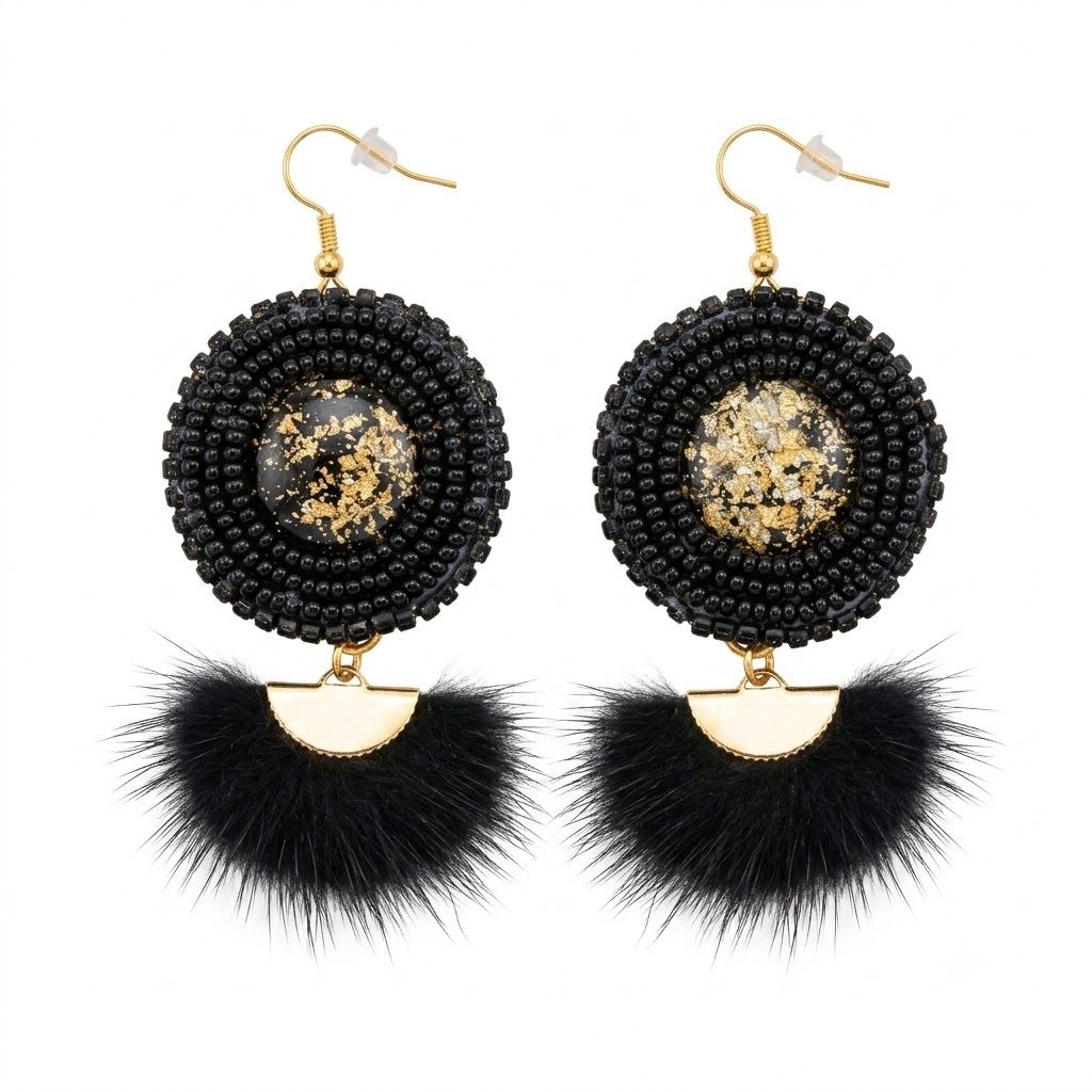 Beaded Fur Dangle Earrings