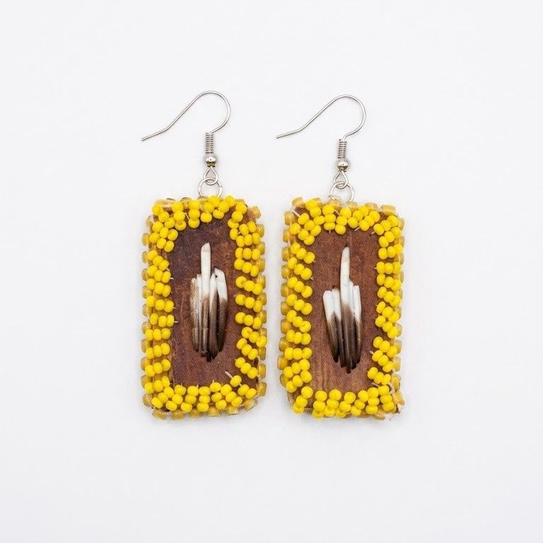 Small Birch Bark Earrings with Quill Design, Design: Yellow