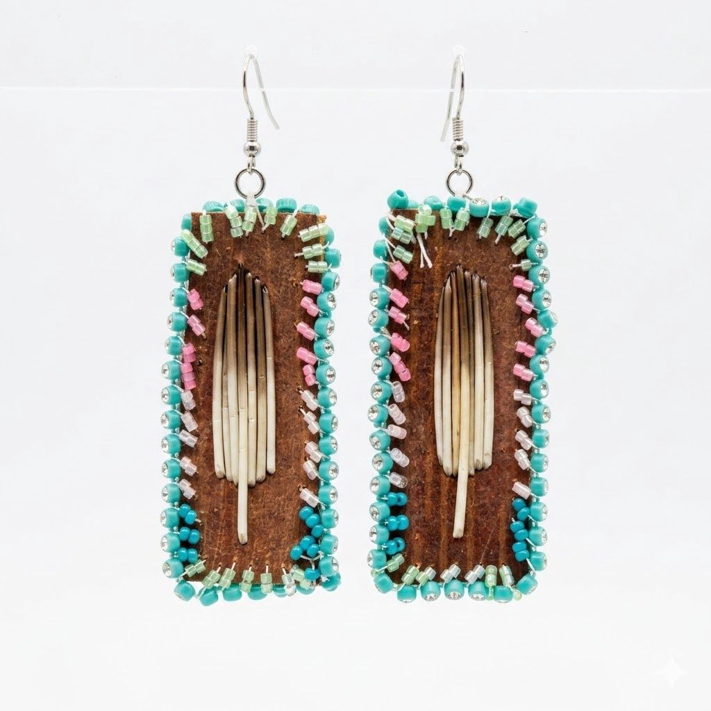 Medium Birch Bark Earrings with Quill Design, Design: Blue