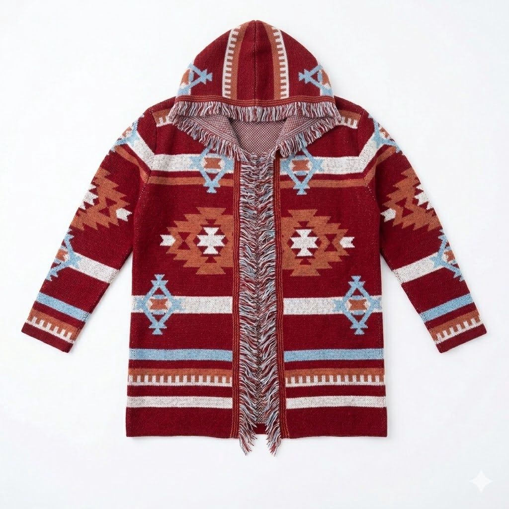 Mid- Length Aztec Fringe Cardigan, Size: Medium