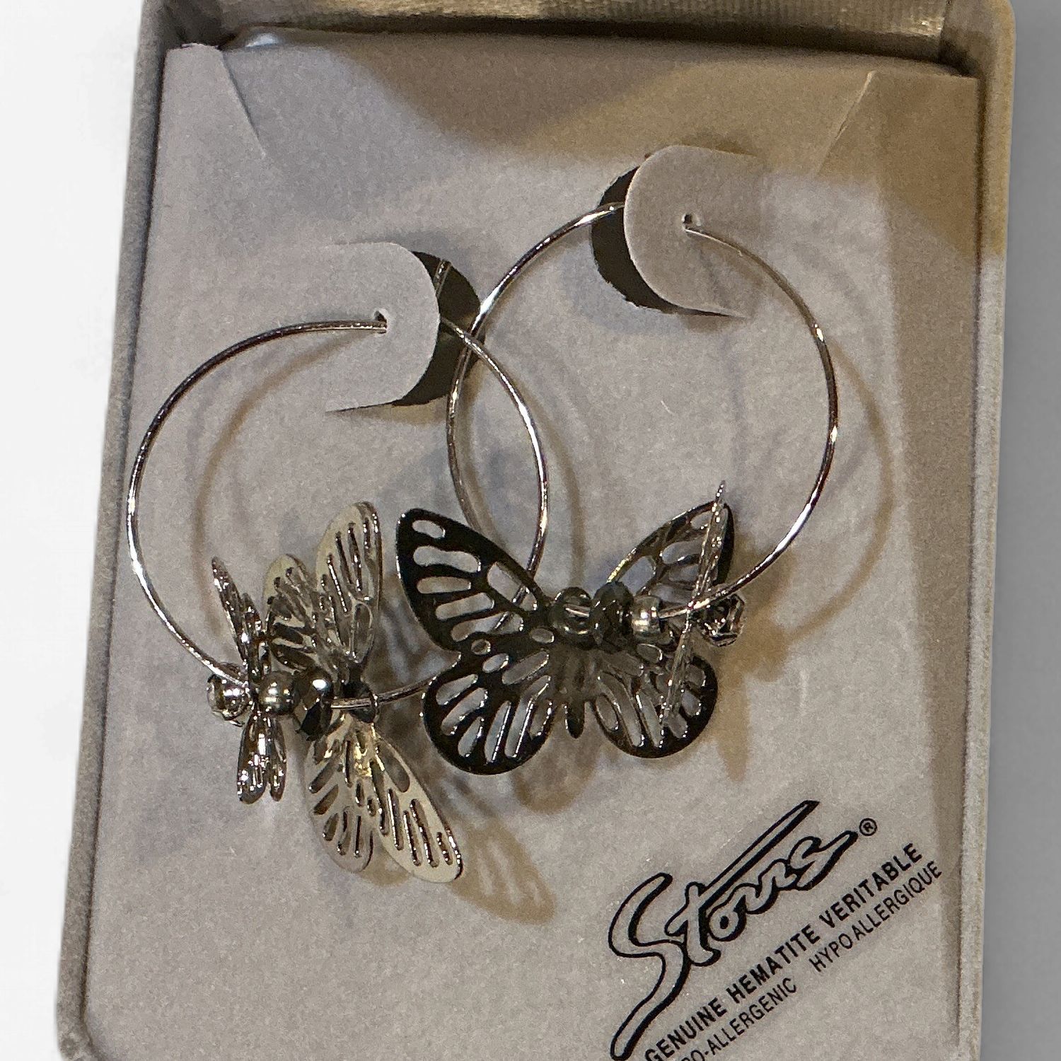 Hematite Earrings Butterfly Hoop