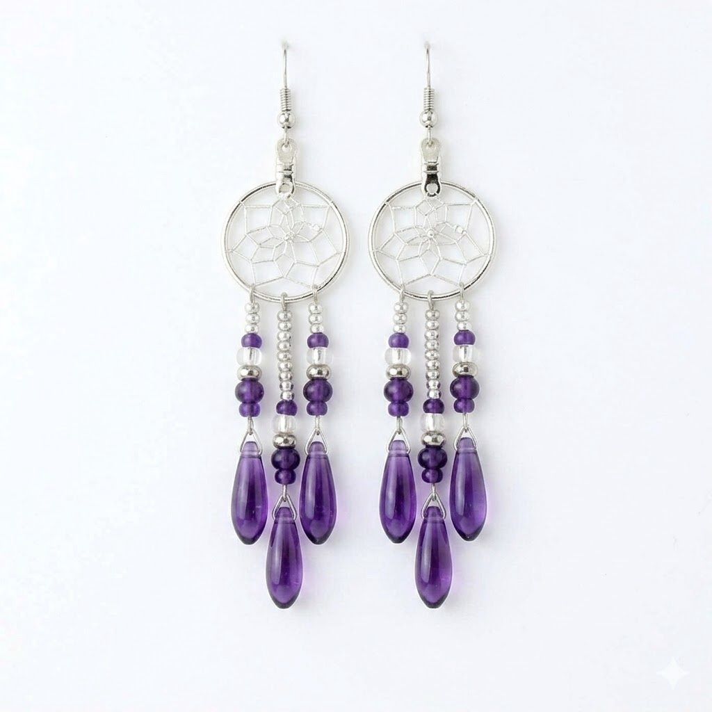 Dreamcatcher Earring Triple Beaded Charm, Design: Amethyst