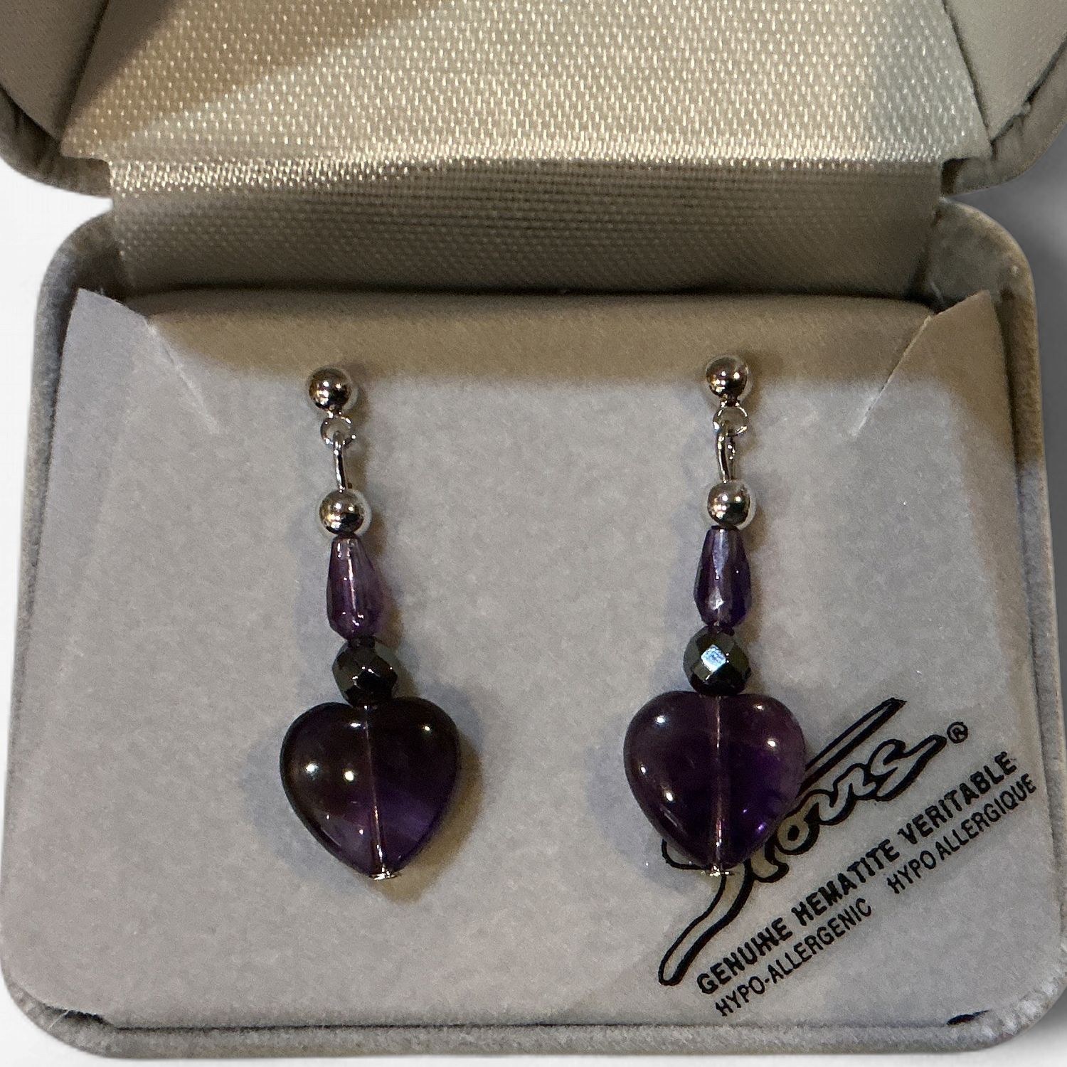 Hematite Earrings Amethyst Hearts