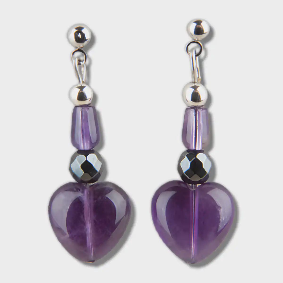 Hematite Earrings Amethyst Hearts