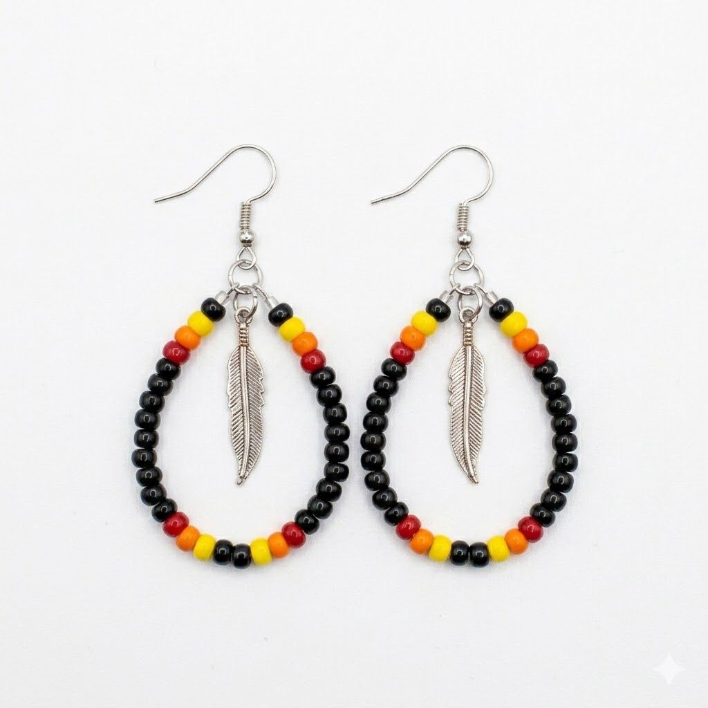 Beaded Loop Feather Charm Earrings, Color: Black