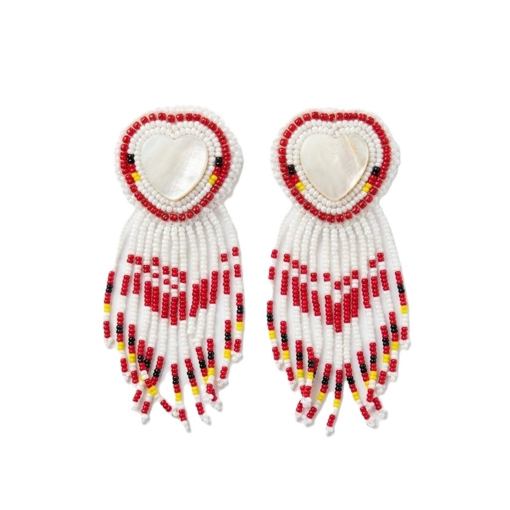 Stone Center Beaded Dangly Heart Earrings