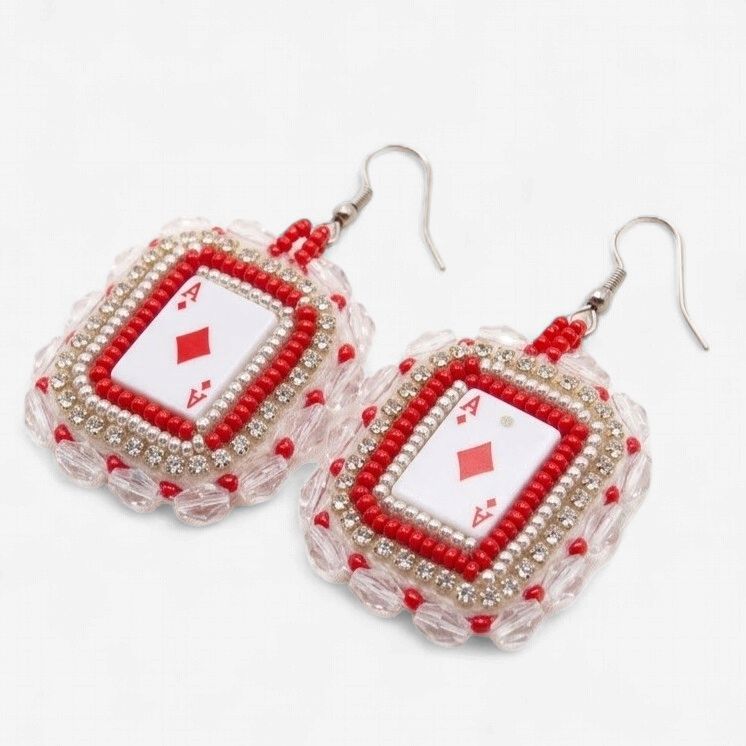 Playing Card Beaded Earrings, Design: Red Dangly