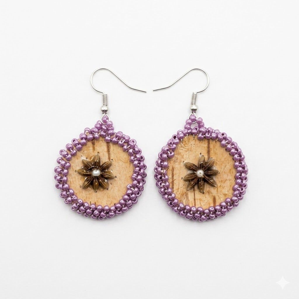 Flower Beaded Birch Dangly Earring