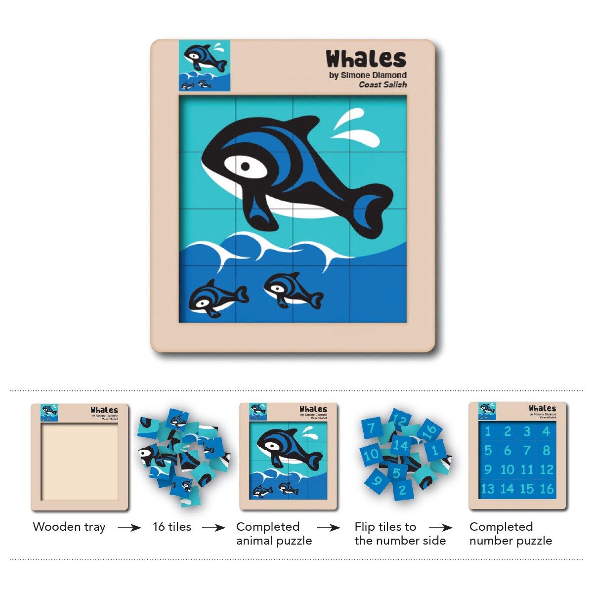 Assorted Double Sided Wooden Tile Puzzle, Design: Whales