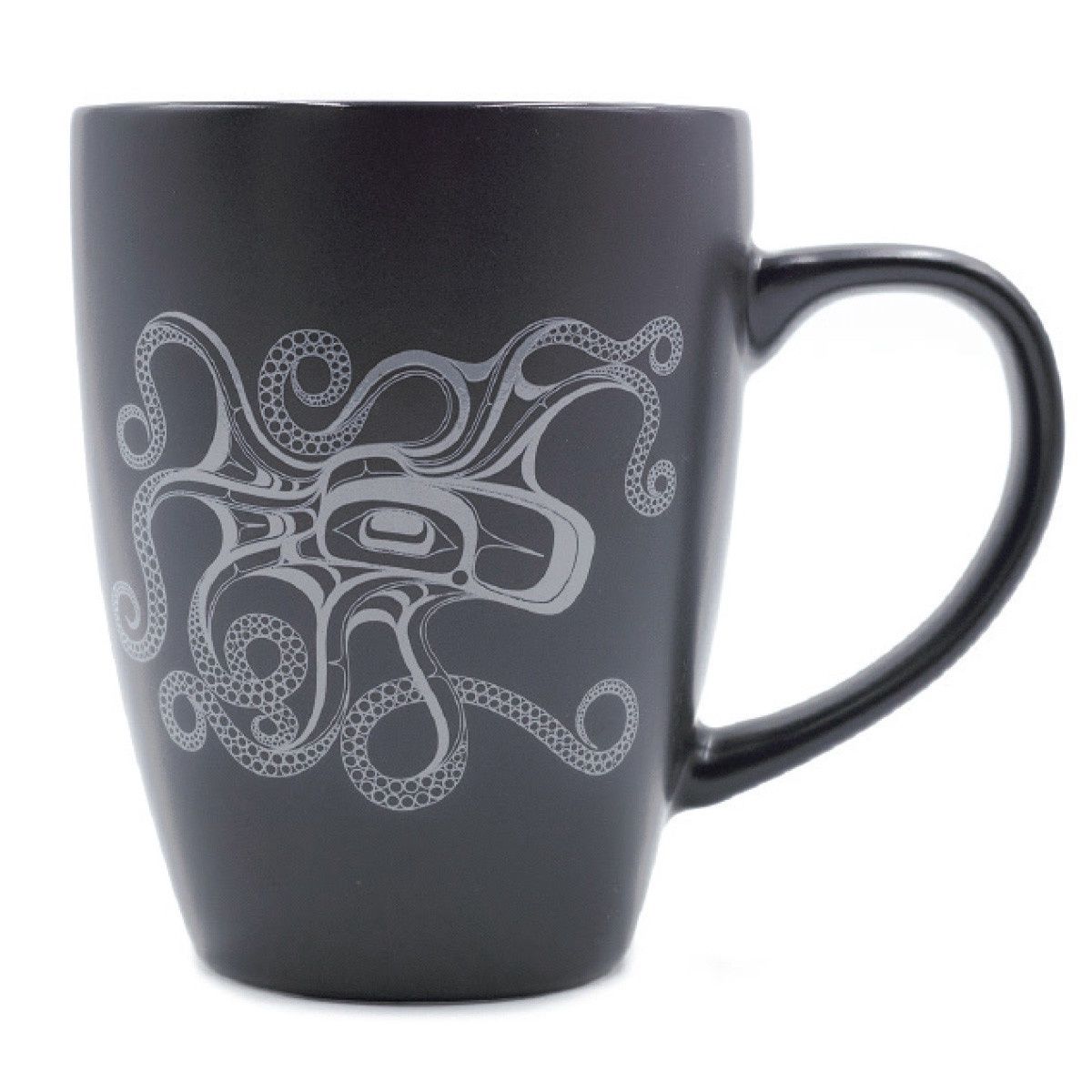 Assorted Matte Black Ceramic Mugs, Design: Octopus
