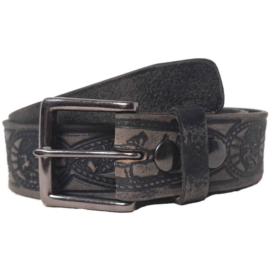 Genuine Leather Howling Wolf Embossed Belt, Color: Black, Size: 32