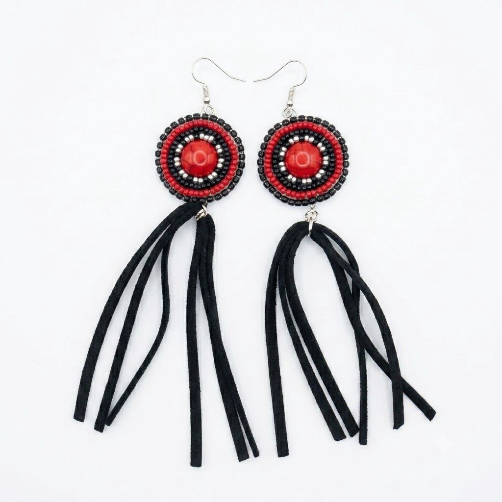 Red Center Stone Beaded Leather Earring
