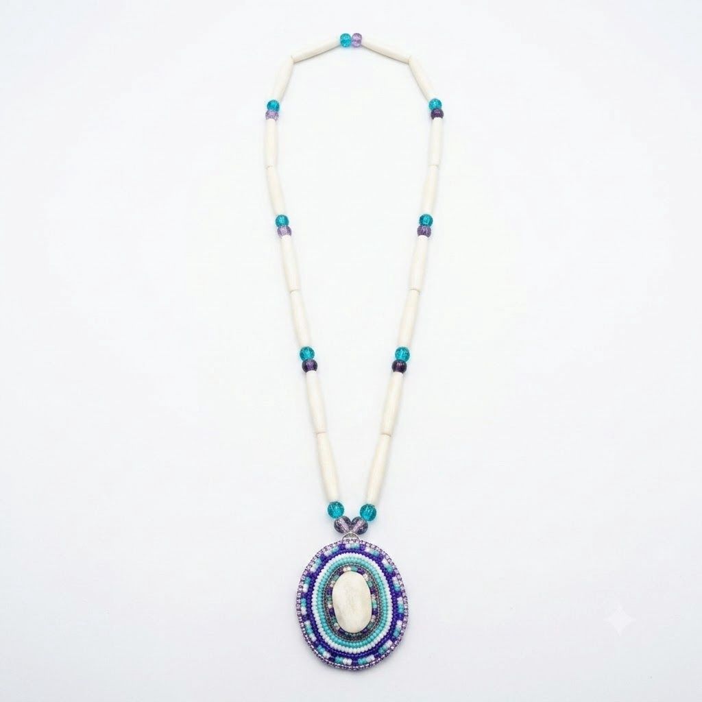Assorted Bone Bead Beaded Necklace, Design: Purple Teal Antler Center