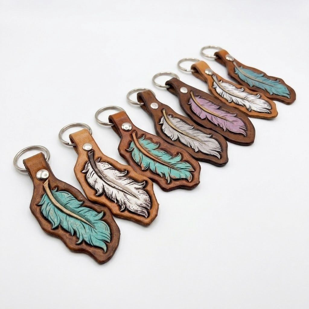 Leather Engraved Feather Keychain O/C