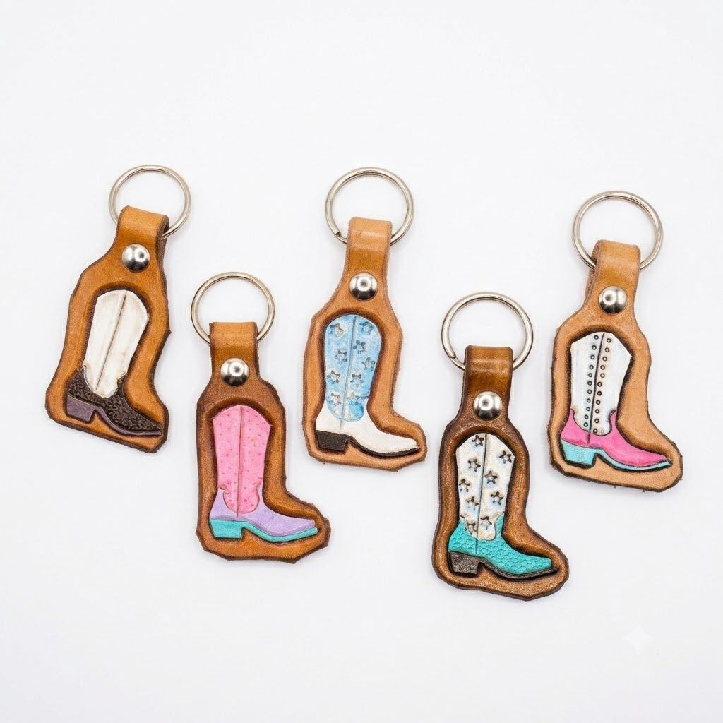 Leather Engraved Cowboy Boot Keychain O/C