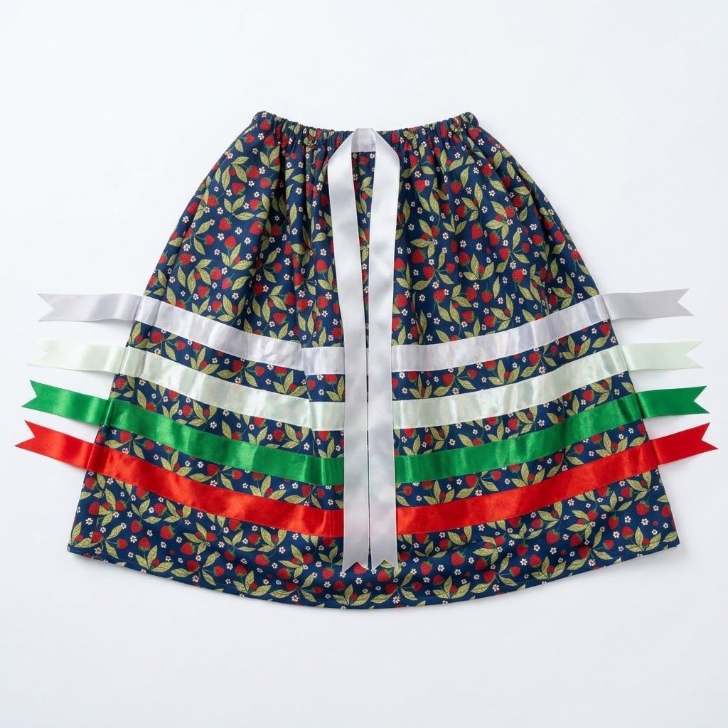 Ribbon Skirt Mid Length, Design: Navy Strawberry