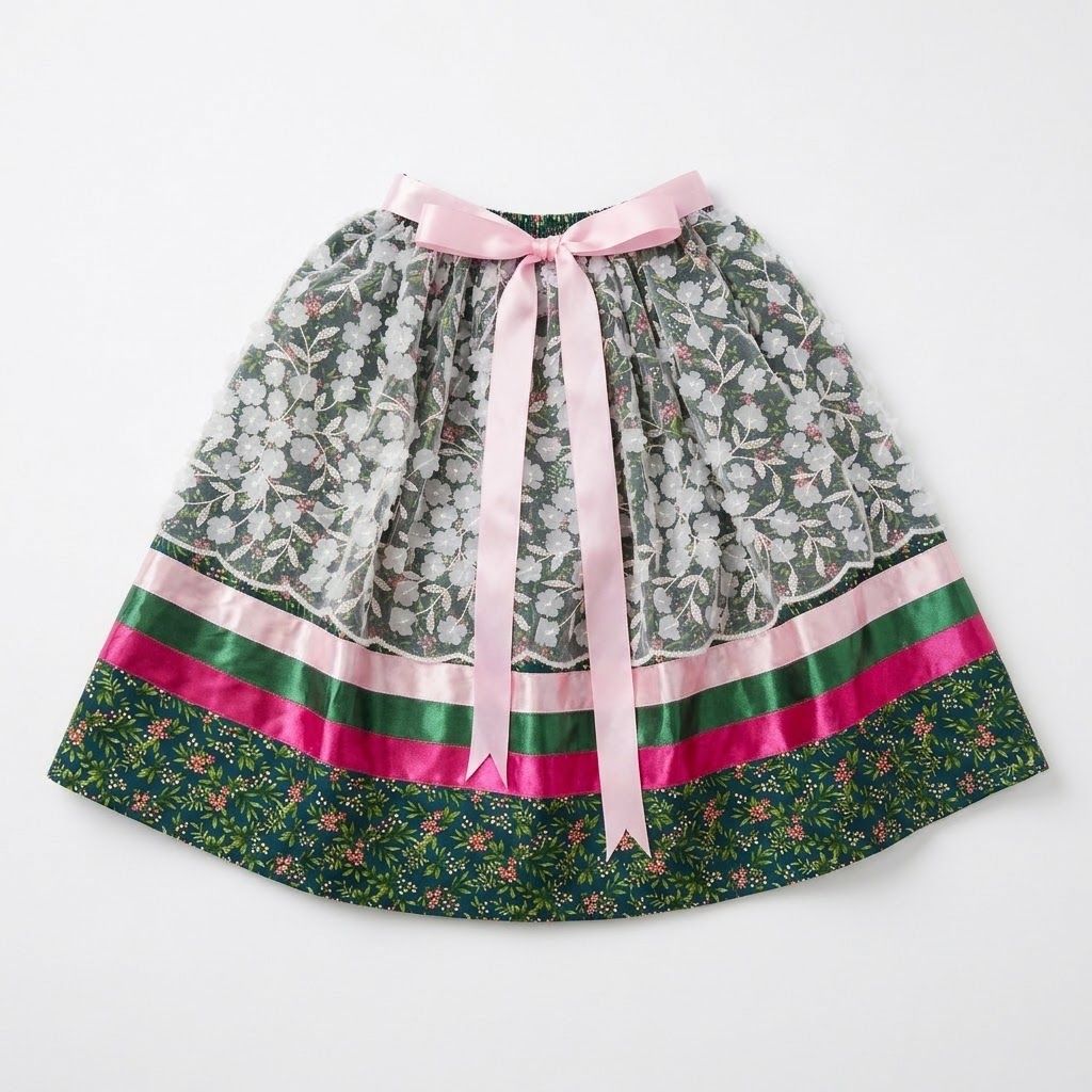 Fancy Ribbon Skirt Mid Length, Design: Pink &amp; Green Lace Overlay