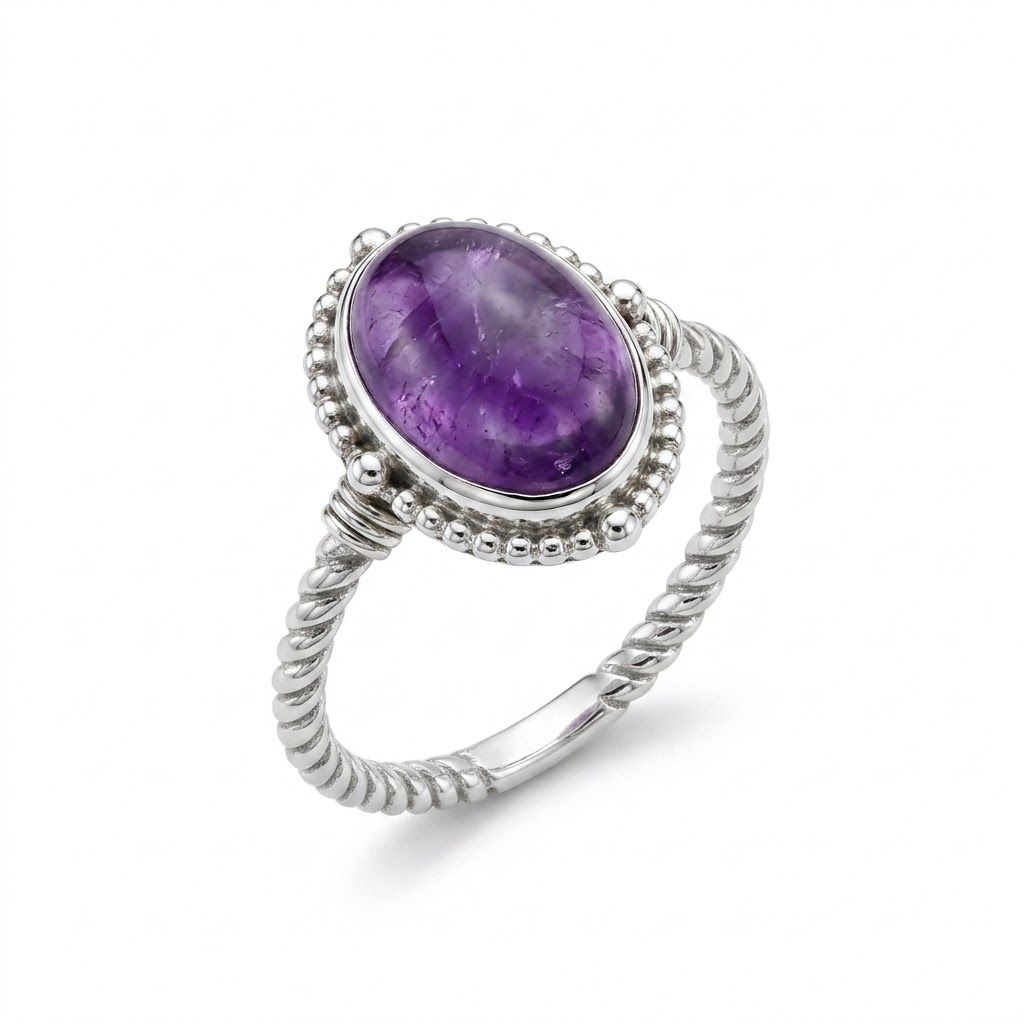 Sterling Silver Amethyst Rings, Design: Rope Band- Size 6
