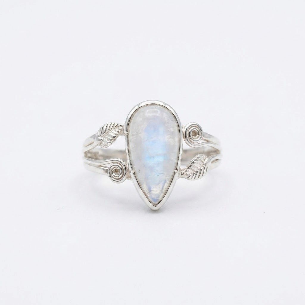 Sterling Silver Moonstone Rings, Design: Teardrop Leaf Band- Size 8.5