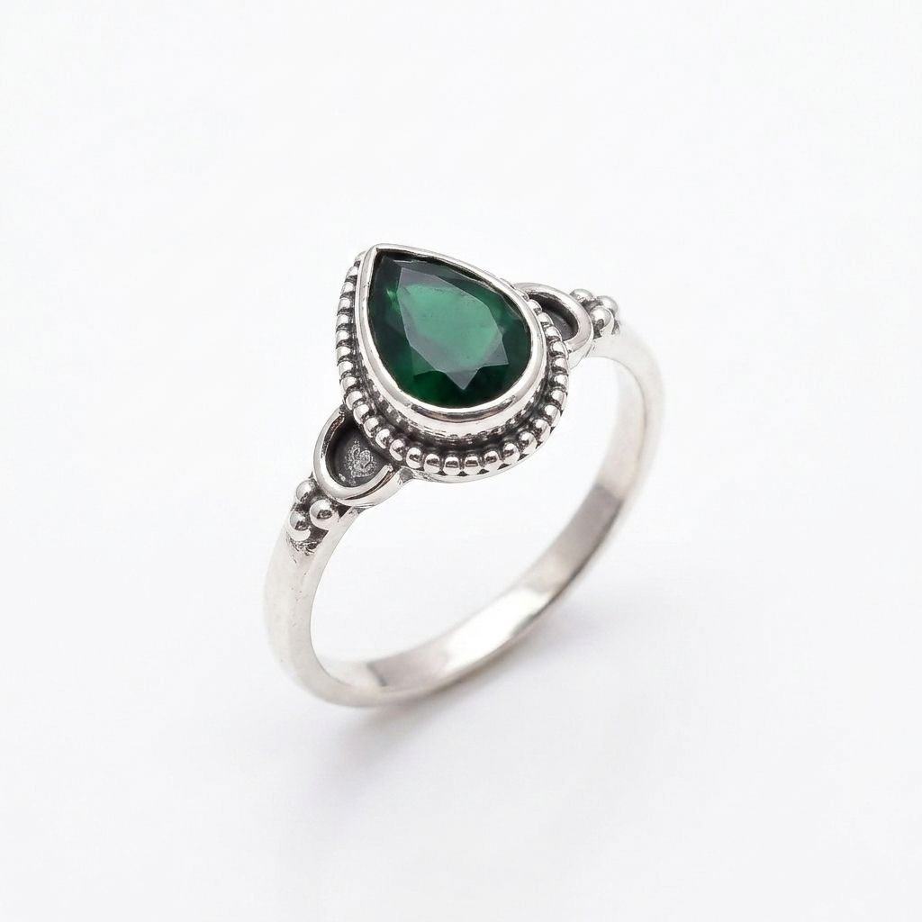 Assorted Sterling Silver Rings, Design: Green Teardrop- Size 7