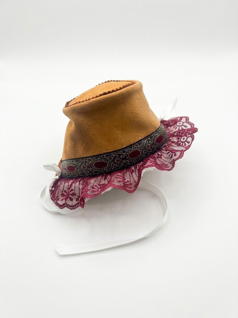 Handmade Fur Lined Bonnets, Design: Red Lace