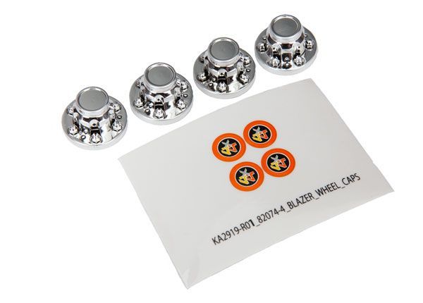Traxxas Center caps, wheel (chrome) (4)/ decal sheet (requires #8255A extended stub axle)