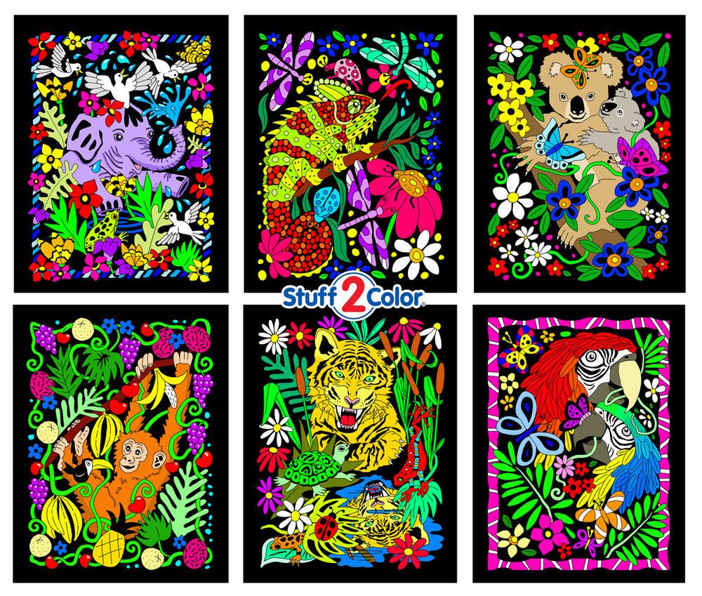 Stuff To Color 6-Pack Monkey, Parrot, Tiger, Koala, Gecko, Elephant