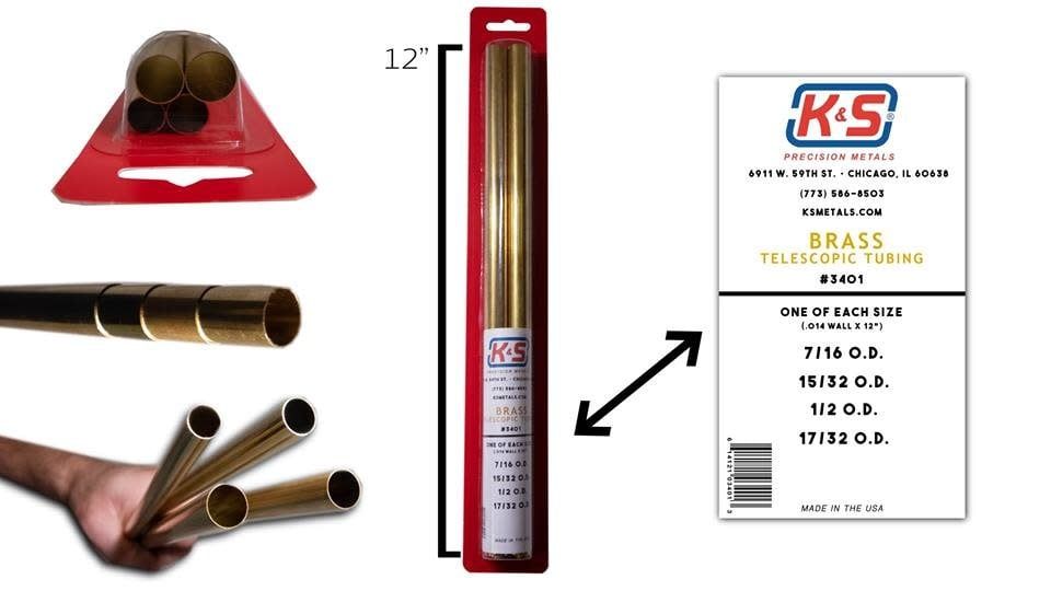 K&amp;S Engineering  BRASS TELESOPIC TUBING (.014 WALL X 12'') 4PCS (7/16'' - 17/32'' O.D)