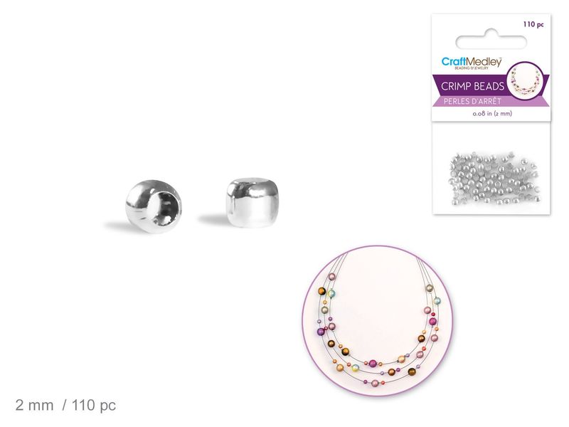 CraftMedley 2mm Crimp Beads Metal Silver Plating 110pc