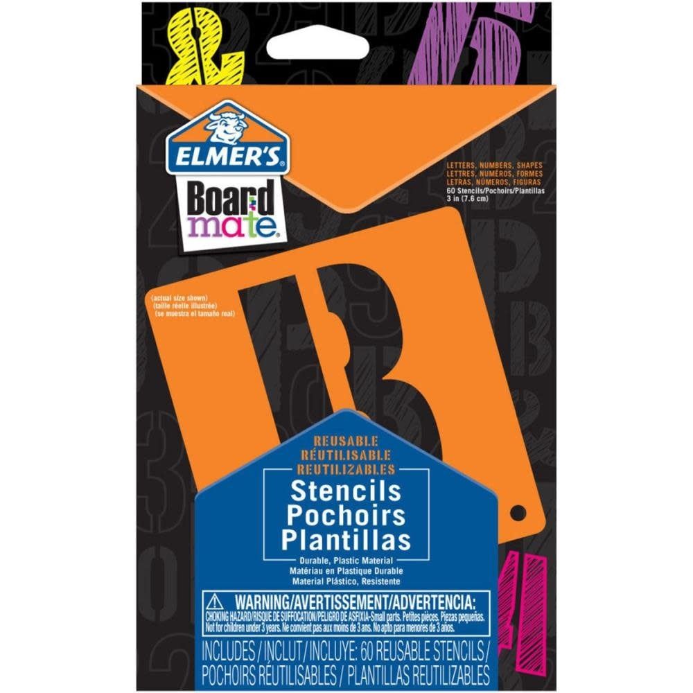 Elmers Board Mate Reusable Plastic Stencils 3" Letters, No &amp; Symbols 60/Pkg