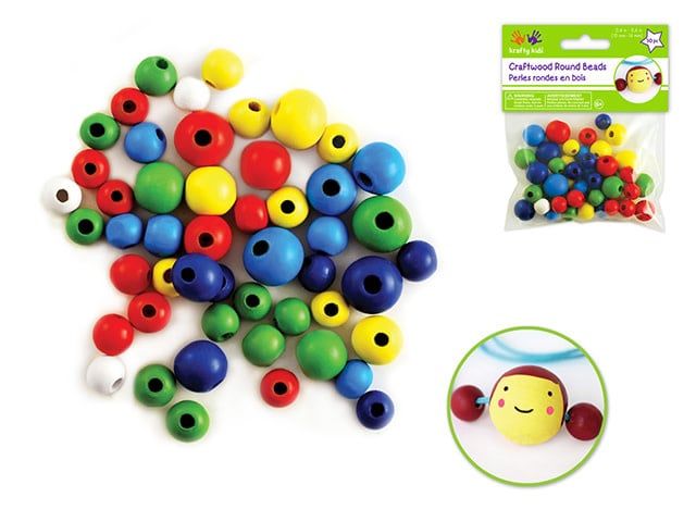 Krafty Kids Craftwood 10-16mm Round Beads Assorted 50pc
