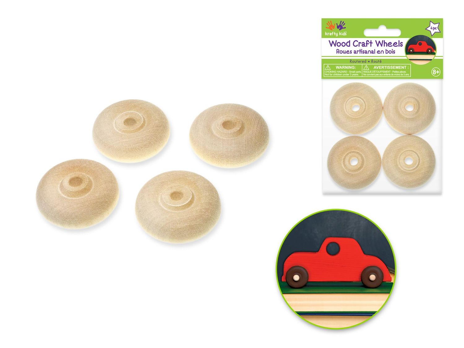 Krafty Kids 1.5"x0.47" Wheel x4 Routered Natural