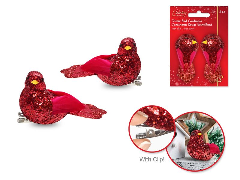 MultiCraft Red Glittler Cardinals 2 Pack Christmas Ornaments