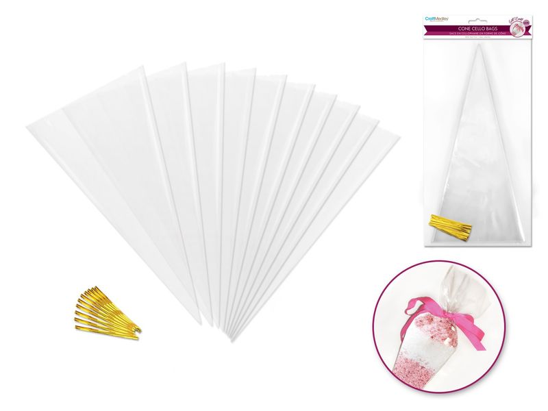 Craft Decor 14.5x6.7in Clear Cone Cello Bags with Twist Ties 10pc