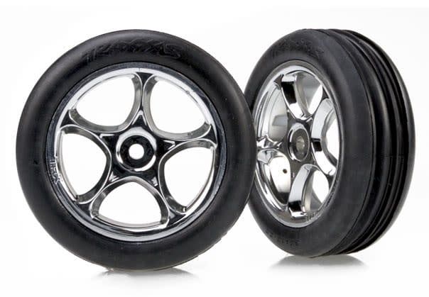 Traxxas Tires &amp; wheels, assembled (Tracer 2.2" chrome wheels, Alias ribbed 2.2" tires) (2) (Bandit front, medium compound w/ foam inserts)