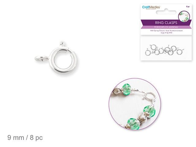 CraftMedley 9mm Silver Ring Clasp with Spring 8pc