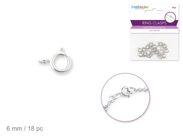 CraftMedley 6mm Silver Ring Clasp with Spring 18pc