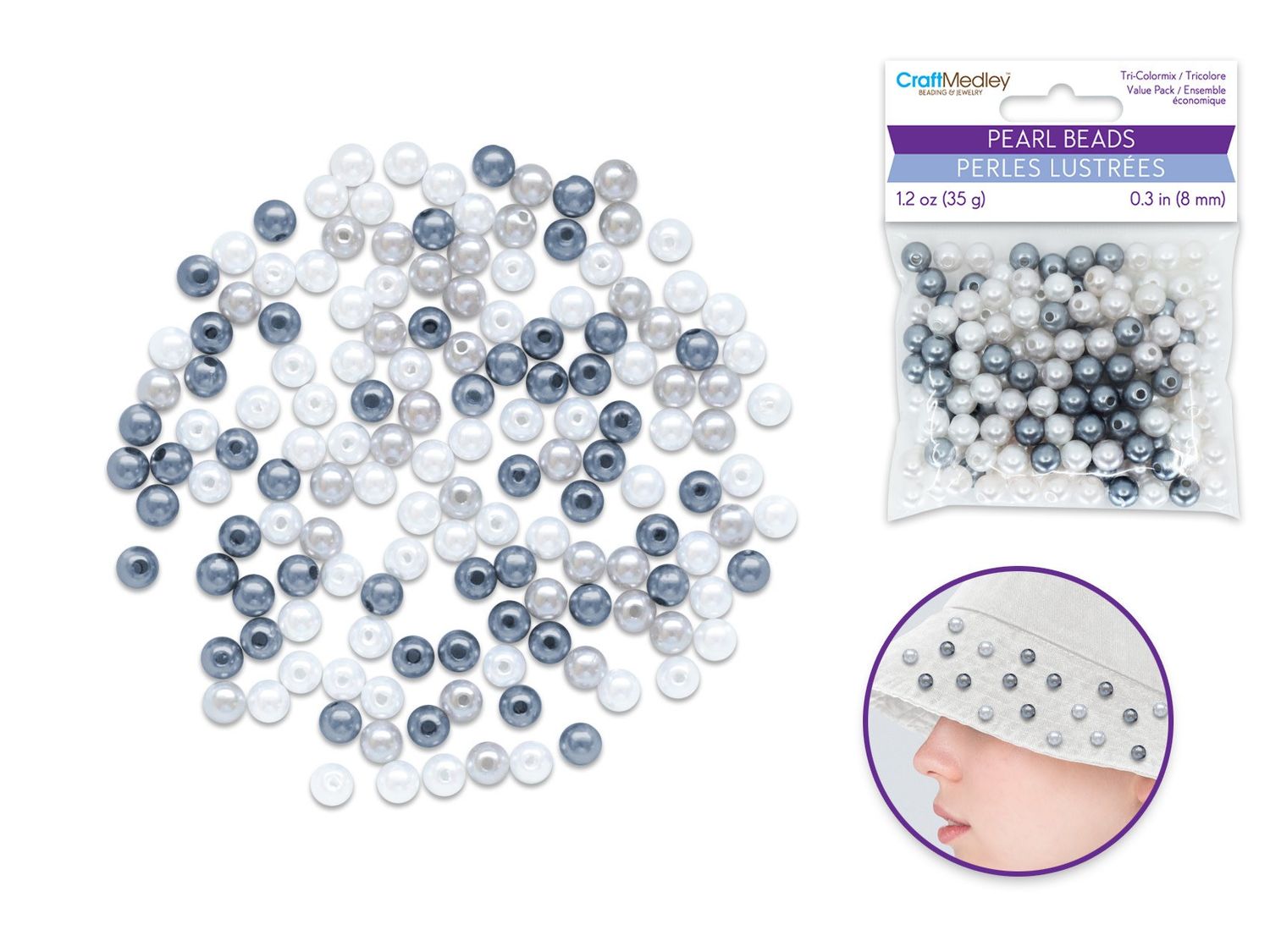 CraftMedley 8mm Pearl Beads Gloss Tri Color Mix Smoke 35g
