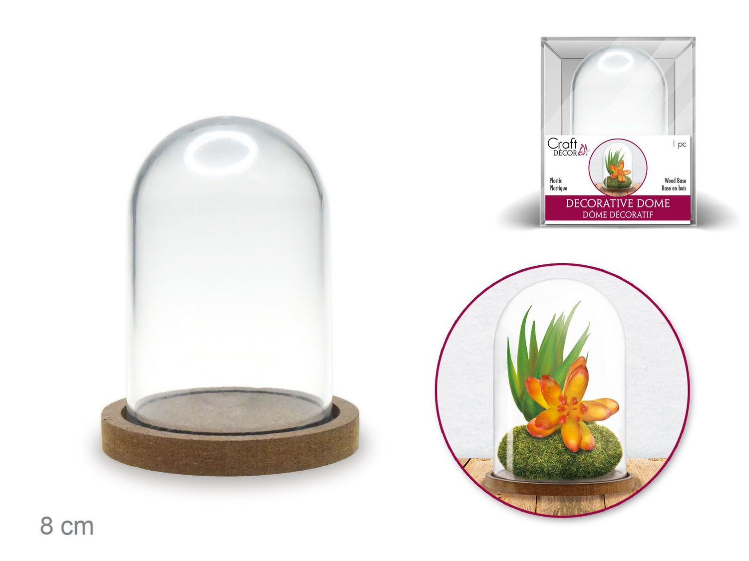Craft Decor 8cmx5.3cm DIY Clear Plastic Dome With Wood Base