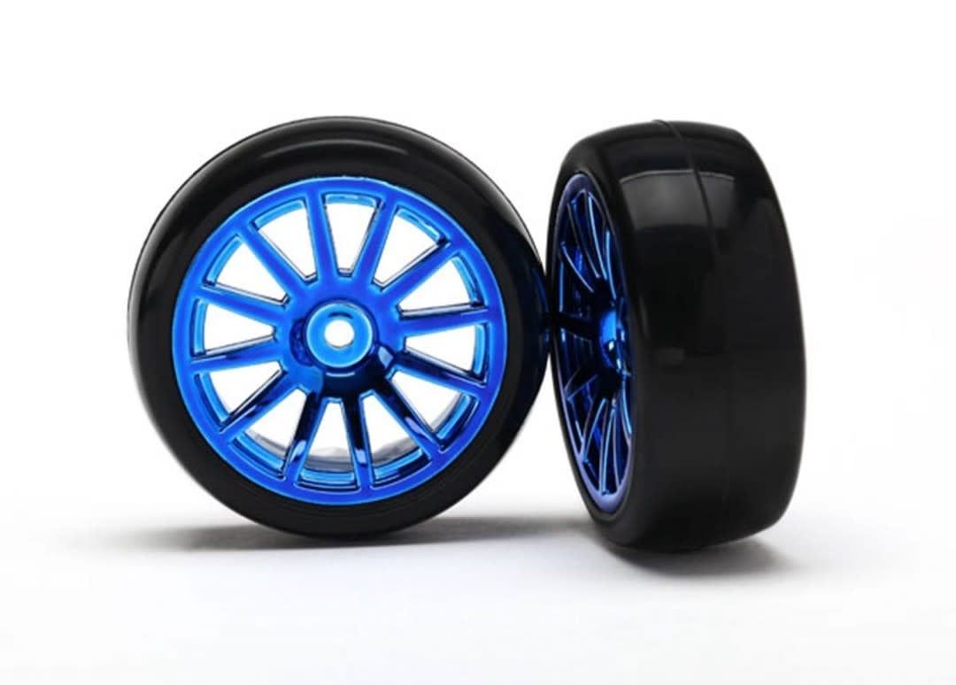Traxxas LaTrax Tires &amp; wheels, assembled, glued (12-spoke blue chrome wheels, slick tires) (2)