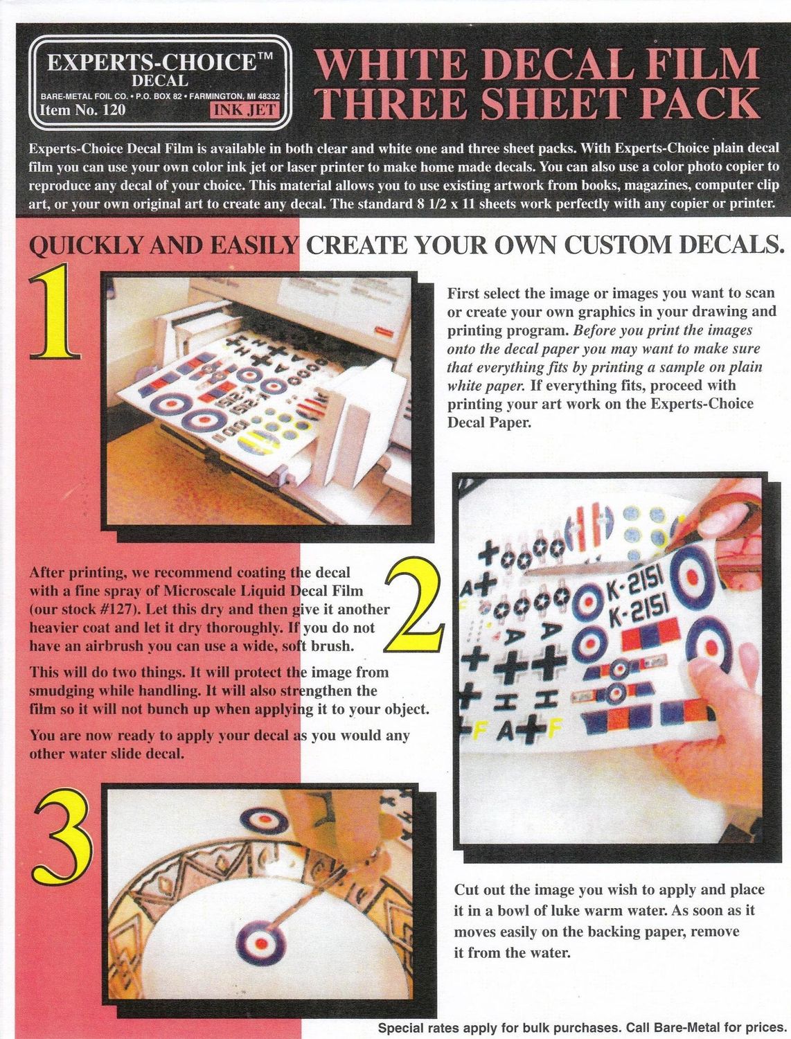 Bare Metal Foil White Decal Paper Ink Jet 3pc