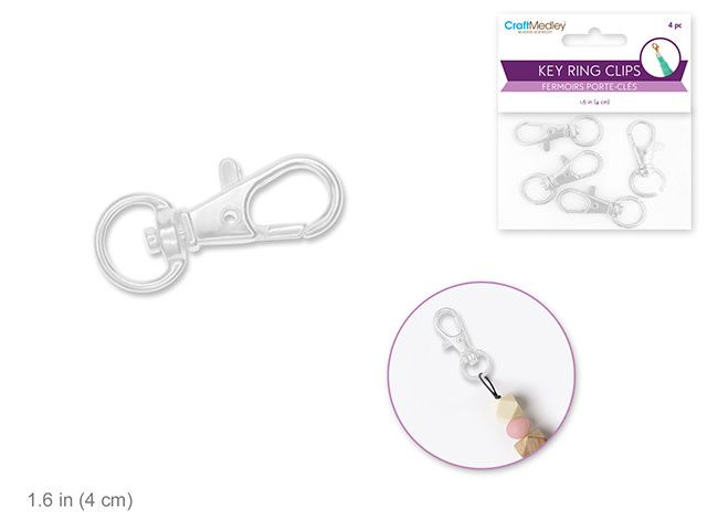 CraftMedley 1.63&quot; Key Ring Clip x4 w/Swivel Ring (Silver)